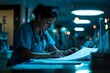 © Vitalii Shkurko - A night-shift nurse quietly works on patient charts under soft hospital lighting, emphasizing dedication and attention to detail in the late hours of the night