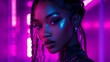 © liliyabatyrova - A young person stands confidently in a colorful, illuminated environment, with bright purple hues reflecting off their striking features. The captivating gaze draws viewers in