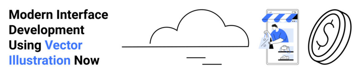 Cloud element connects to a mobile app with a storefront and user making purchases, reflecting modern e-commerce. Ideal for business, fintech, e-commerce, cloud computing, mobile apps, store