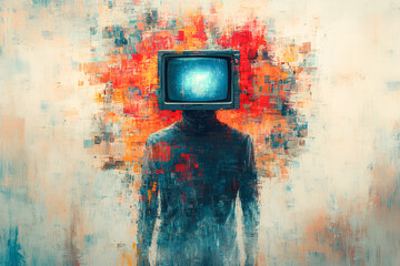 An abstract figure with a retro television head, immersed in a swirling array of colors, illustrating the clash of technology and human identity in visual form.