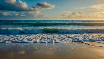 a serene beach with tranquil waves under a bright sky.