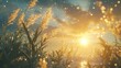 © dany - Golden grasses at sunrise over water; serene, tranquil scene
