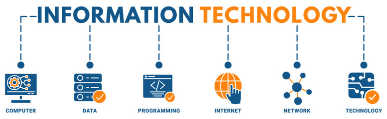 Information Technology banner web icon vector illustration concept with icon of computer, data, programming, internet, network, technology 