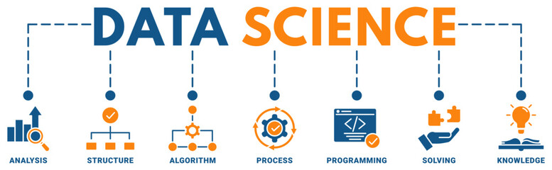 Banner of data science web vector illustration concept with icons of analysis, structure, algorithm, process, programming, solving, knowledge 