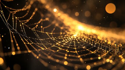 Golden spiderweb with bokeh lights.