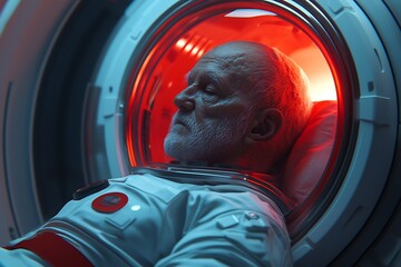 Wall Mural - A serene scene of an elderly astronaut resting in a futuristic pod, illuminated by a soft red glow, suggesting introspection and exploration.