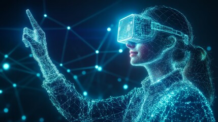 Glowing Wireframe Tutor in VR Interacting with Digital Data 