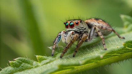 Wall Mural - jumping spider on green leaf: detailed close-up of a jumping spider perched on a vibrant green leaf,