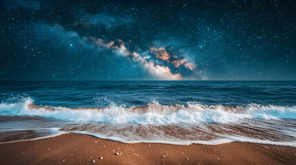 picturesque beach scene with a breathtaking view of the milky way galaxy above the ocean, creating a
