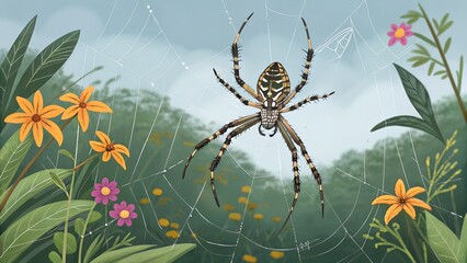 Wall Mural - arboreal architect: a meticulously detailed illustration showcases a spider, positioned within its i