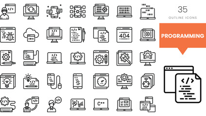 Collection of programming icons depicting coding, debugging, and software development.