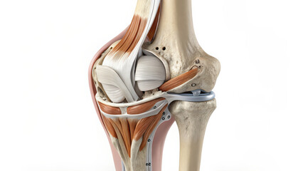 Poster - detailed 3D medical illustration of knee joint, showing bones, ligaments, and tendons. image highlights anatomical structure and complexity of human knee, useful for educational purposes