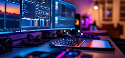 Coder working on multiple screens in a tech-filled room with code displayed, at night