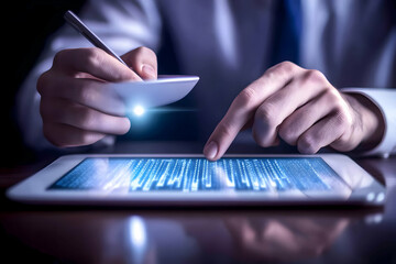 Close-up of Hands Using Stylus and Tablet to Code; Digital Data Streams Across Screen; Illuminated Nighttime Setting