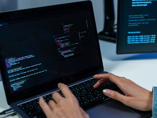 close-up of asian female software developer hand typing on keyboard, writing prompt, code on laptop 