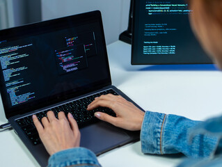 close-up of asian female software developer hand typing on keyboard, writing prompt, code on laptop 