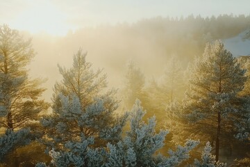 Naklejka na meble A magical winter morning with frost-covered pine trees and golden sunlight.
