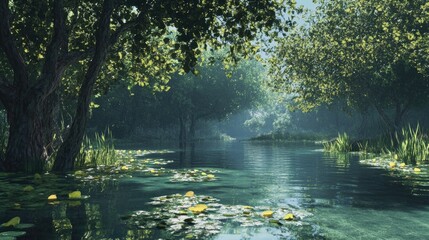 Wall Mural - serene waterscape, tranquil pond with lily pads beneath verdant trees