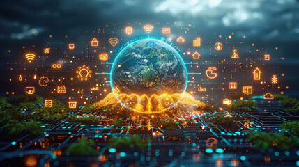 Aufkleber - futuristic concept of global warming and environmental technology is depicted with glowing Earth surrounded by digital icons, symbolizing connectivity and innovation