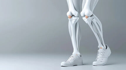 Poster - 3D medical illustration of knee joint with ligaments and muscles, showing skeletal structure of legs wearing sneakers
