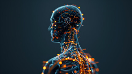 Poster - detailed illustration of human figure with transparent skin reveals intricate network of nerves and blood vessels, highlighted with glowing orange lights, against dark background