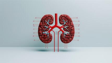 Poster - detailed illustration of human kidney with blood vessels and nephrons, showcasing organ complex structure and function. image highlights intricate network of arteries and veins