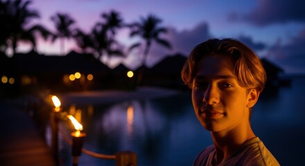 young caucasian male at tropical resort during twilight with palm trees and torches