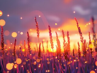 Wall Mural - enchanted meadow, golden hour magic with sparkling light effects