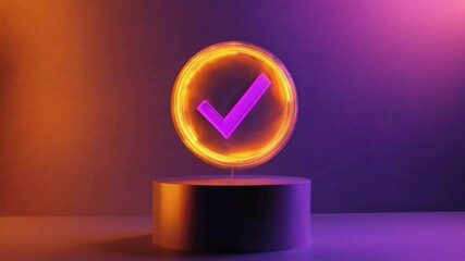 Poster - Neon check mark in glowing circle on pedestal, futuristic verification concept