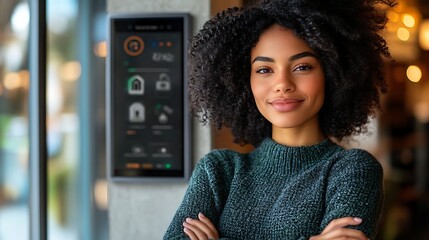 Smiling woman near smart home control panel.