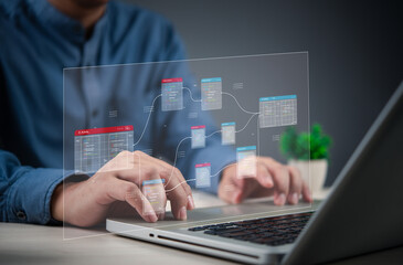 Wall Mural - programmer working on database web developer management with a futuristic digital interface, represe