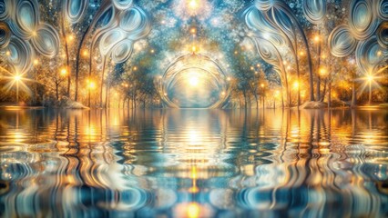 Wall Mural - Enchanted Forest Gateway A Serene Reflection of Luminescent Trees and Mystical Portal