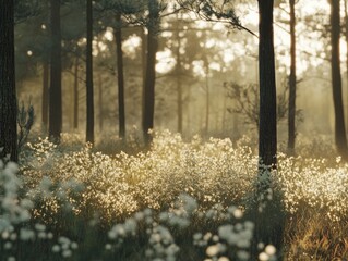Wall Mural - ethereal forest bathed in golden light with flowering meadow