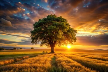 Wall Mural - Golden hour bathes a lone tree in sunset's dramatic glow, a field stretching to the horizon.