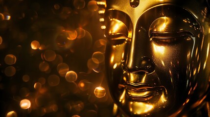 Wall Mural - A close up of a golden Buddha statue with a blurred background of bokeh lights.