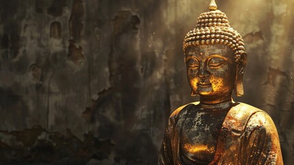 Wall Mural - Close up of a golden Buddha statue with a blurred background.