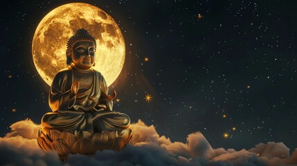 Wall Mural - A golden Buddha statue sits on a lotus flower with a full moon and starry night behind it.
