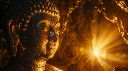 Wall Mural - A golden Buddha statue with a bright light shining in the background.