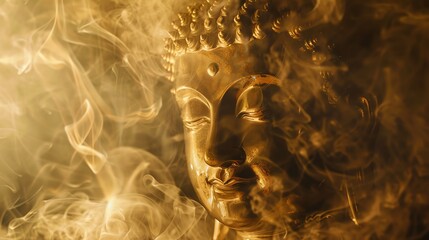 Wall Mural - a golden buddha statue with smoke flowing around it.