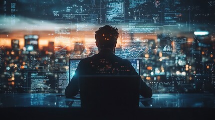 Programmer Coding at Night  Cityscape Background