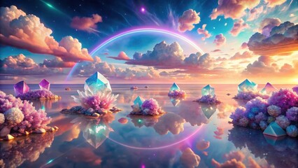 Wall Mural - Serene Ocean Landscape with Iridescent Crystals at Sunset under a Magical Rainbow Arc
