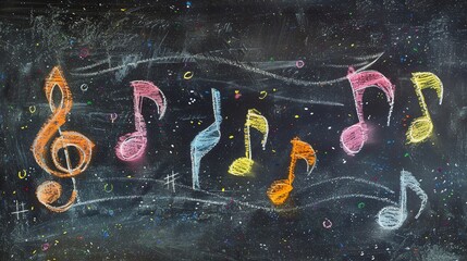Wall Mural - musical notes and a treble clef drawn in chalk on a blackboard.