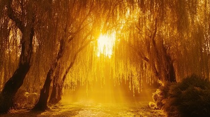 Wall Mural - golden embrace, sunlight filtering through weeping willows canopy