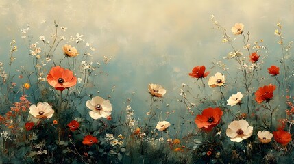 Aufkleber - Vibrant Floral Meadow with Blooming Wildflowers in Soft Pastel Background