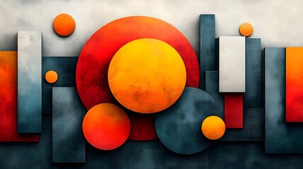 Poster - Vibrant Geometric Cityscape with Spherical Elements Depicting Abstract Urban Landscape