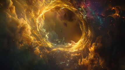 Wall Mural - a glowing golden ring of light in a dark space with swirling clouds.
