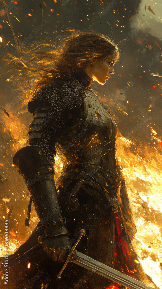 Foto stock di Epic Medieval Female Warrior in Armor with Sword and ...