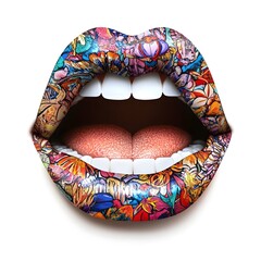 Leinwandbilder - Visually striking and captivating image of open lips in a vibrant abstract and psychedelic pattern  This digitally created colorful and surreal design evokes a sense of creativity imagination