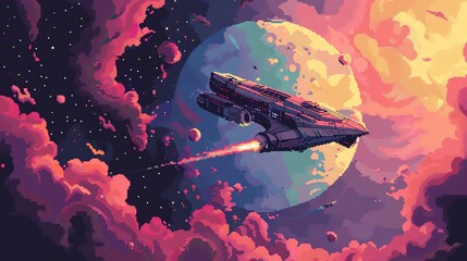 Wall Mural - pixel art of a spaceship flying through a colorful nebula with a large planet in the background.