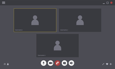 Videocall Interface template. Video conference mockup for laptop application with chat buttons. Vector Illustration in flat style.